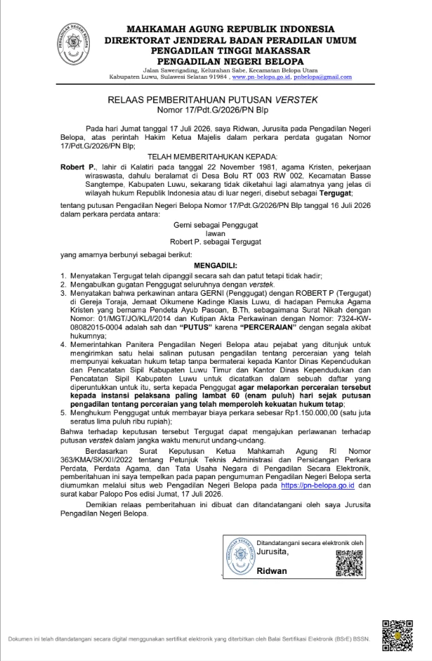 Pemberitahuan Putusan Verstek Nomor 17/Pdt.G/2026/PN Blp