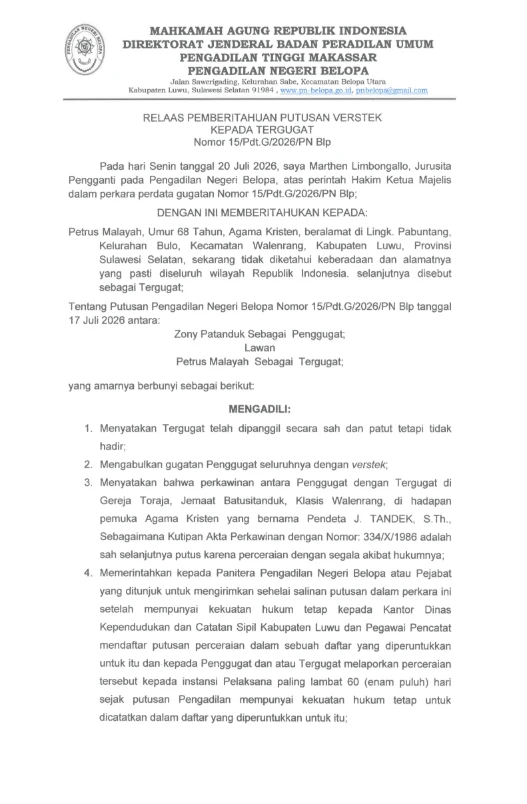 Pemberitahuan Putusan Verstek Nomor 15/Pdt.G/2026/PN Blp