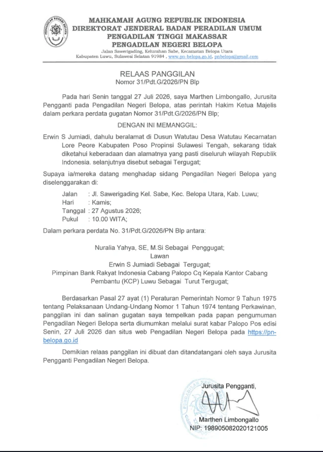 Relaas Panggilan Perkara Nomor 31/Pdt.G/2026/PN Blp