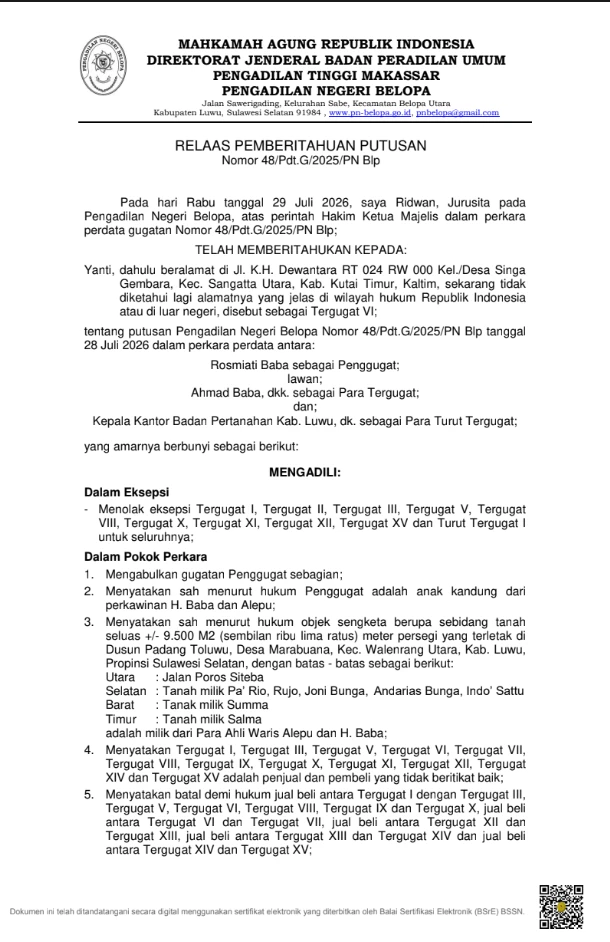 Relaas Pemberitahuan Putusan Perkara Nomor 48/Pdt.G/2025/PN Blp