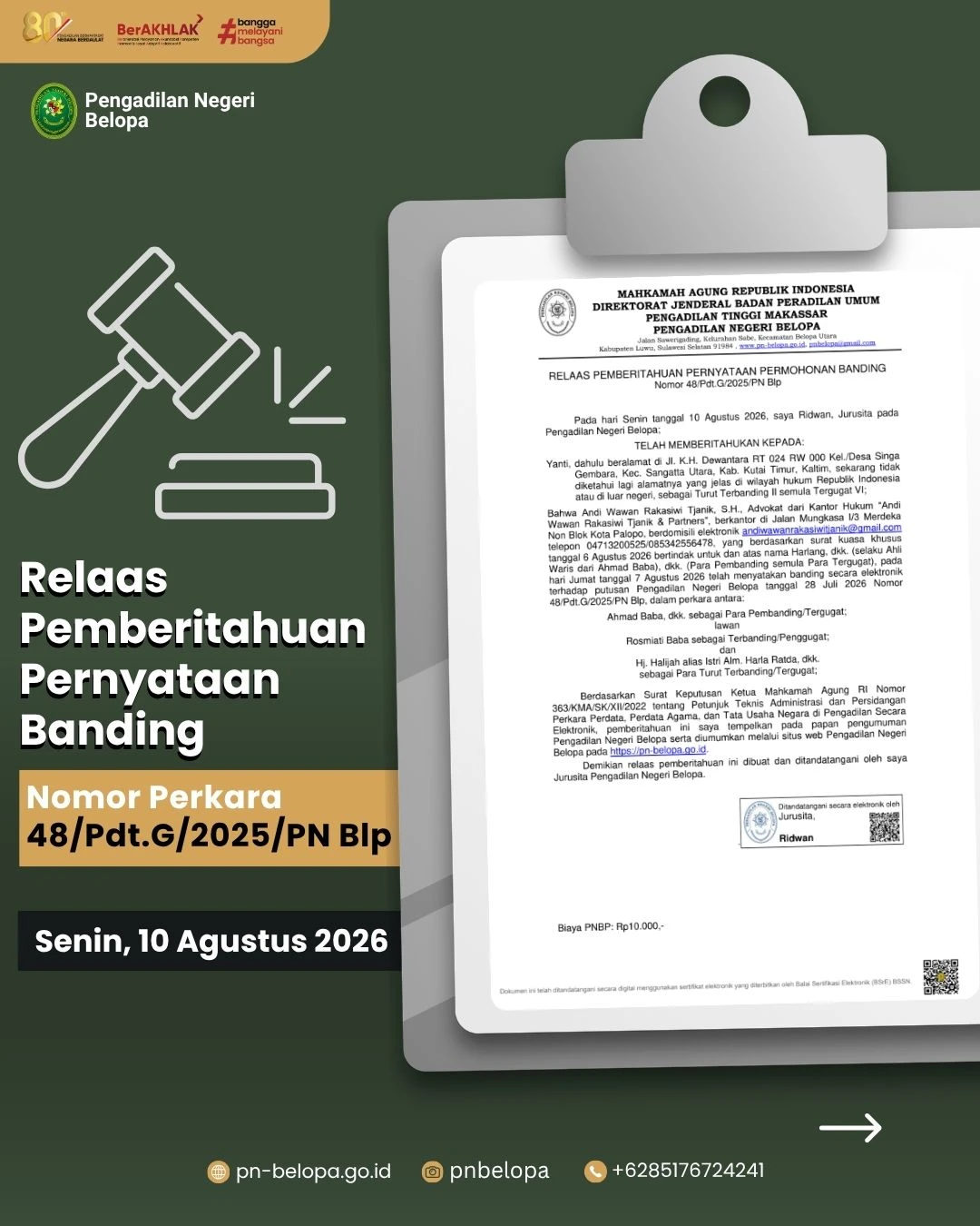 Relaas Pemberitahuan Pernyataan Permohonan Banding  Nomor 48/Pdt.G/2025/PN Blp