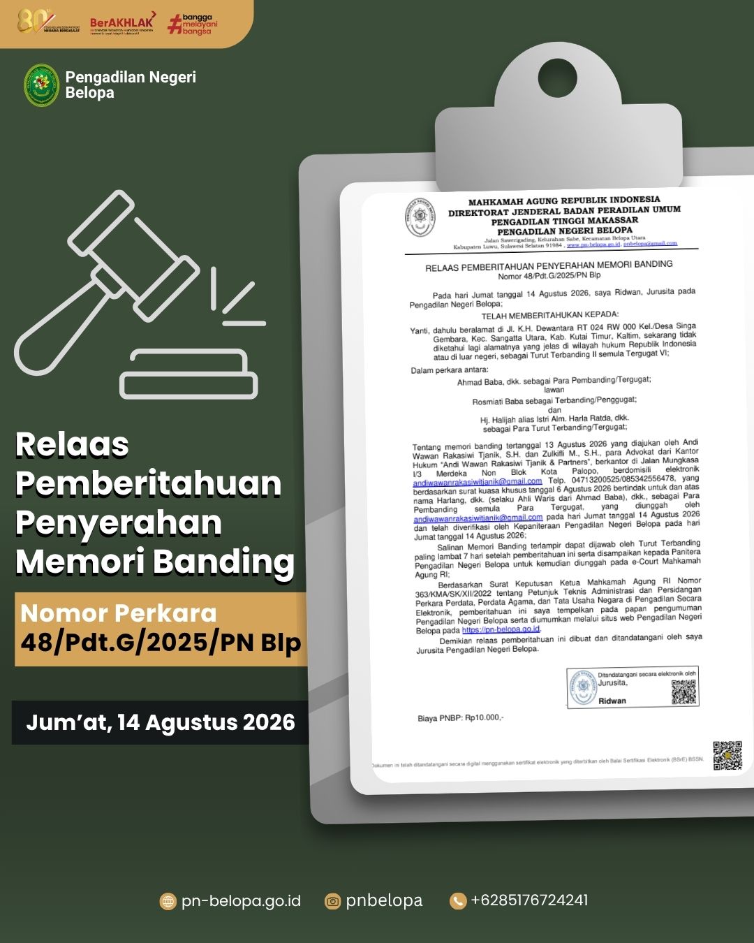 Relaas Pemberitahuan Penyerahan Memori Banding Perkara No. 48/Pdt.G/2025/PN Blp