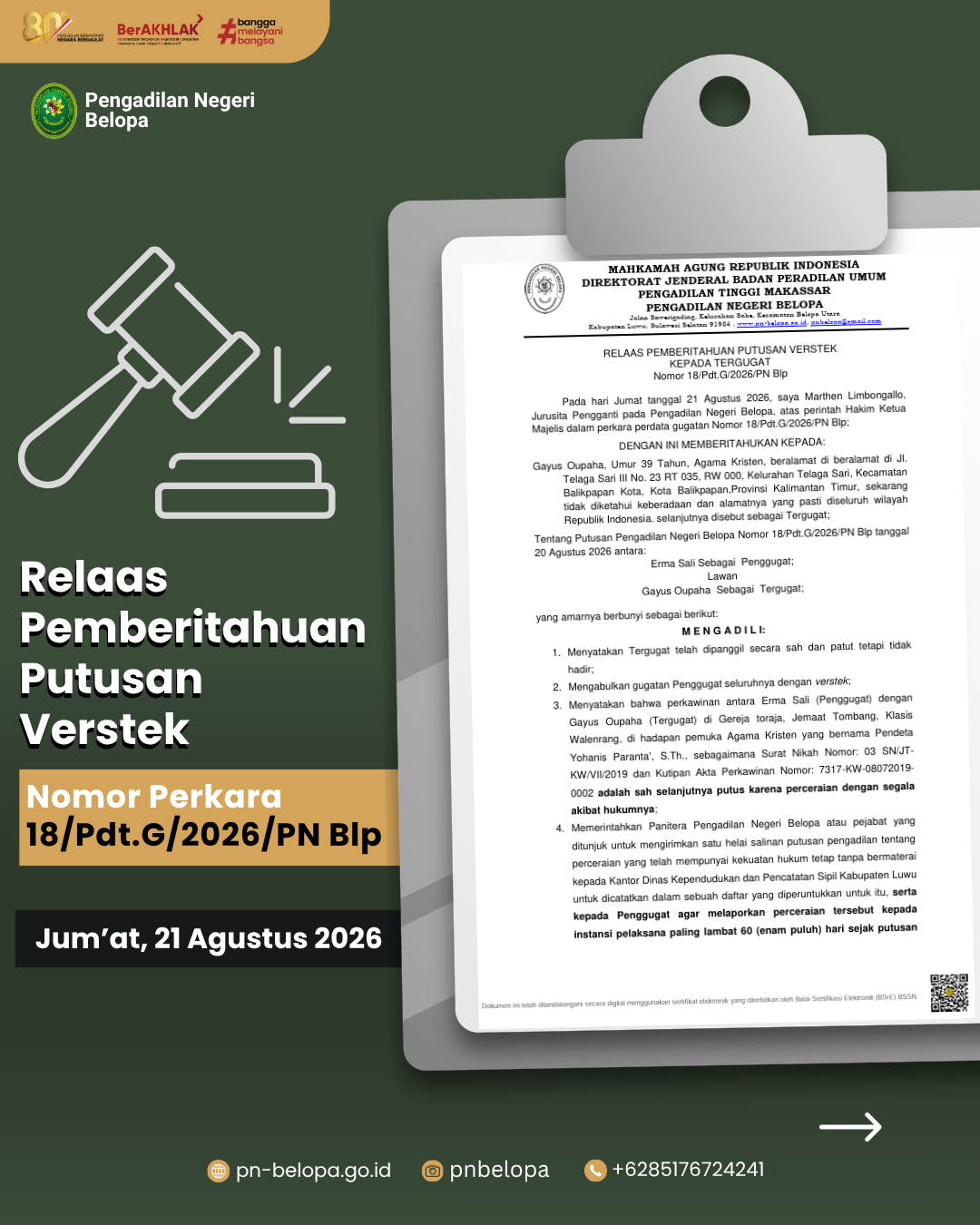 Relaas Pemberitahuan Putusan Verstek Perkara Nomor 18/Pdt.G/2026/PN Blp