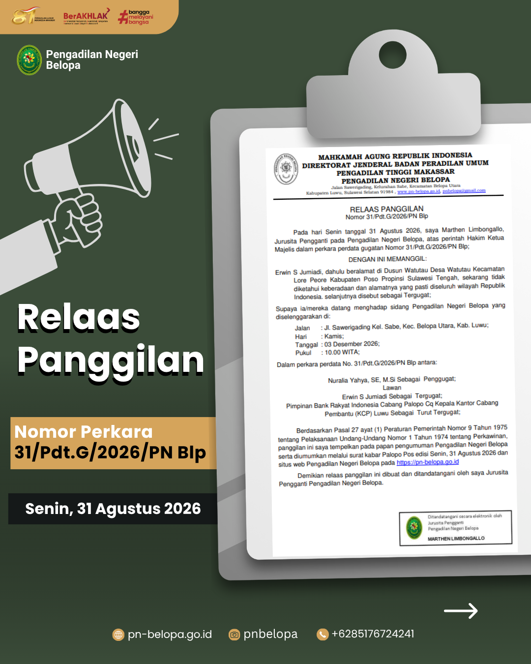 Relaas Panggilan Nomor  31/Pdt.G/2026/PN Blp