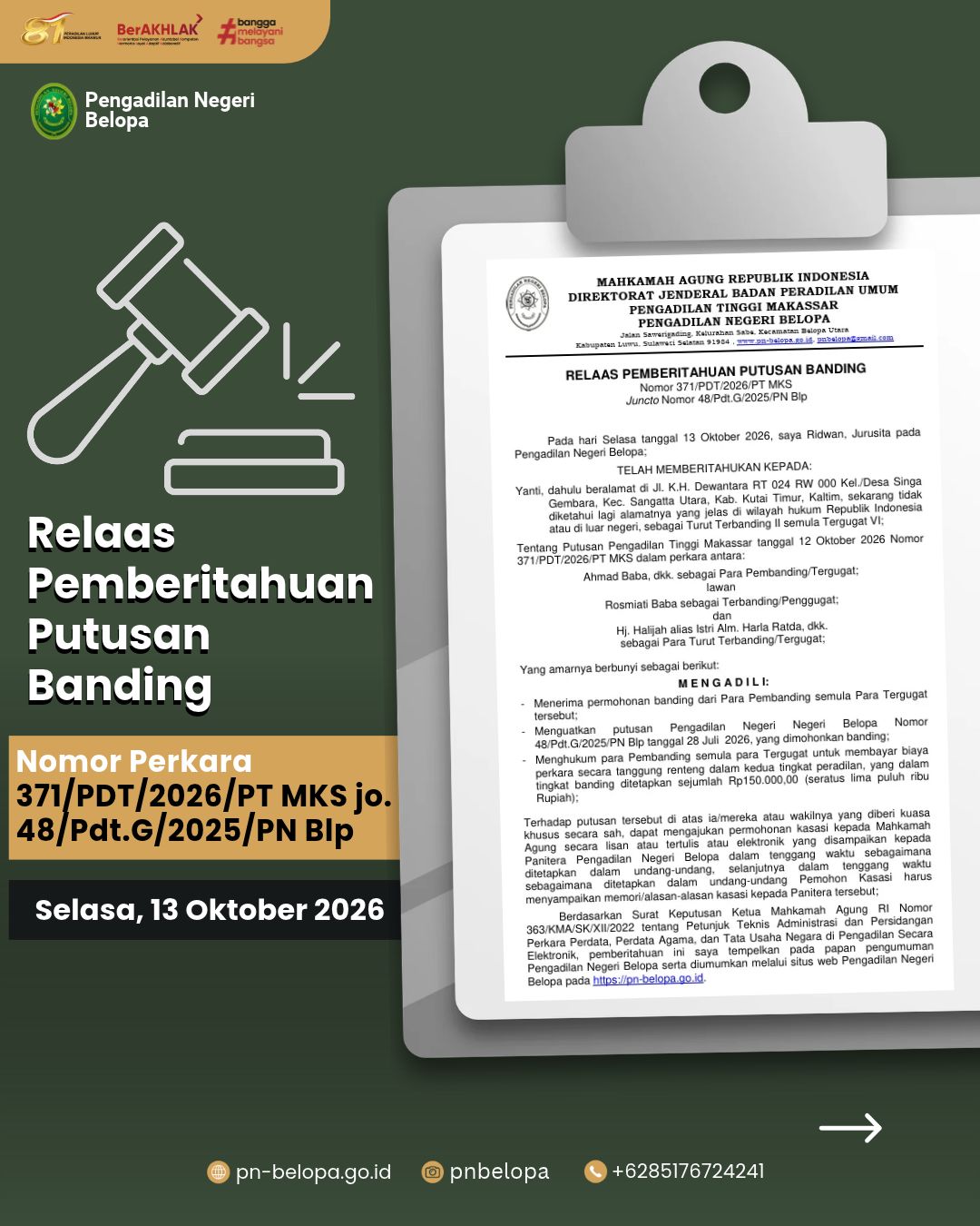 Relaas Pemberitahuan Putusan Banding Nomor 371/PDT/2026/PT MKS jo. Nomor 48/Pdt.G/2025/PN Blp