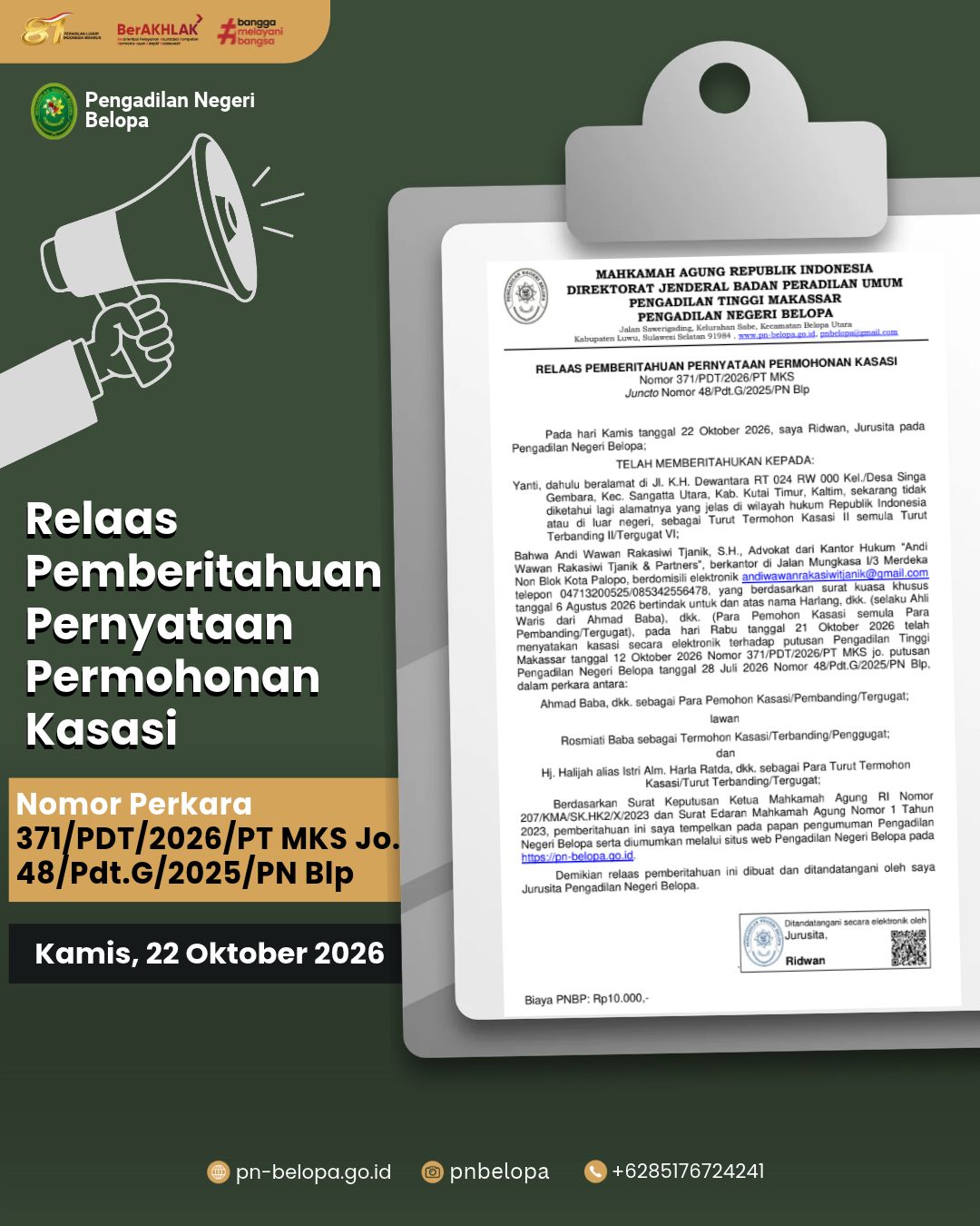 Relaas Pemberitahuan Pernyataan Permohonan Kasasi Nomor Perkara  371/PDT/2026/PT MKS Jo.  48/Pdt.G/2025/PN Blp